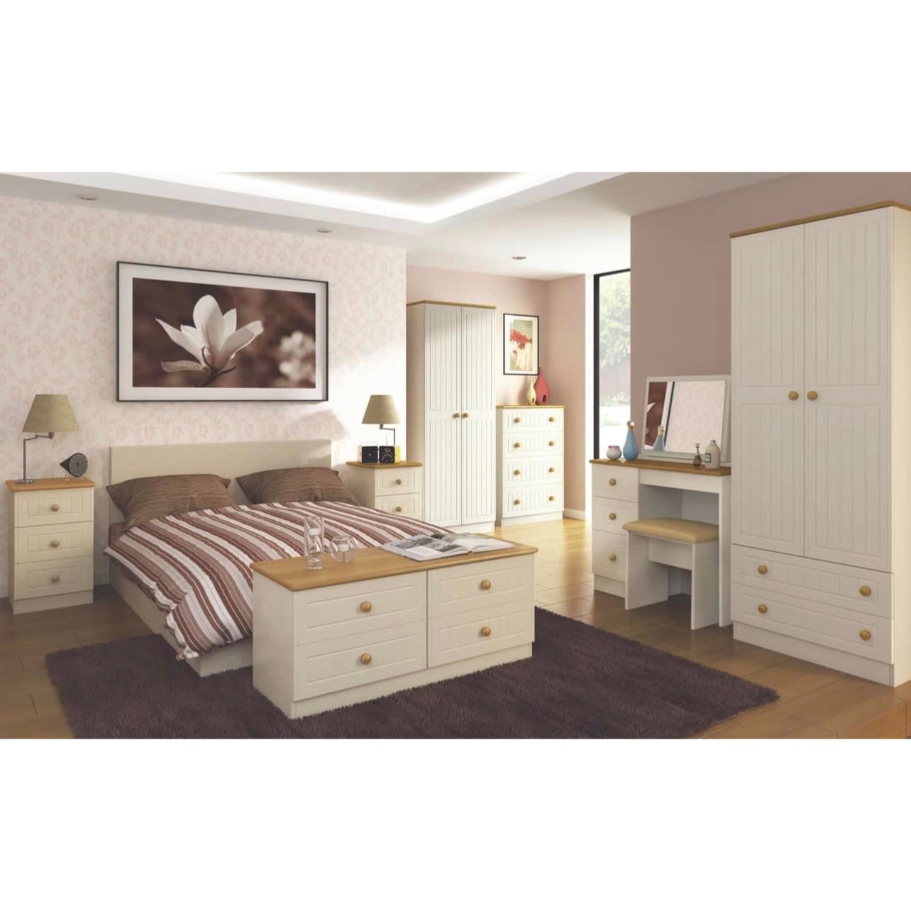 Cream & Oak 3 Drawer Bedside