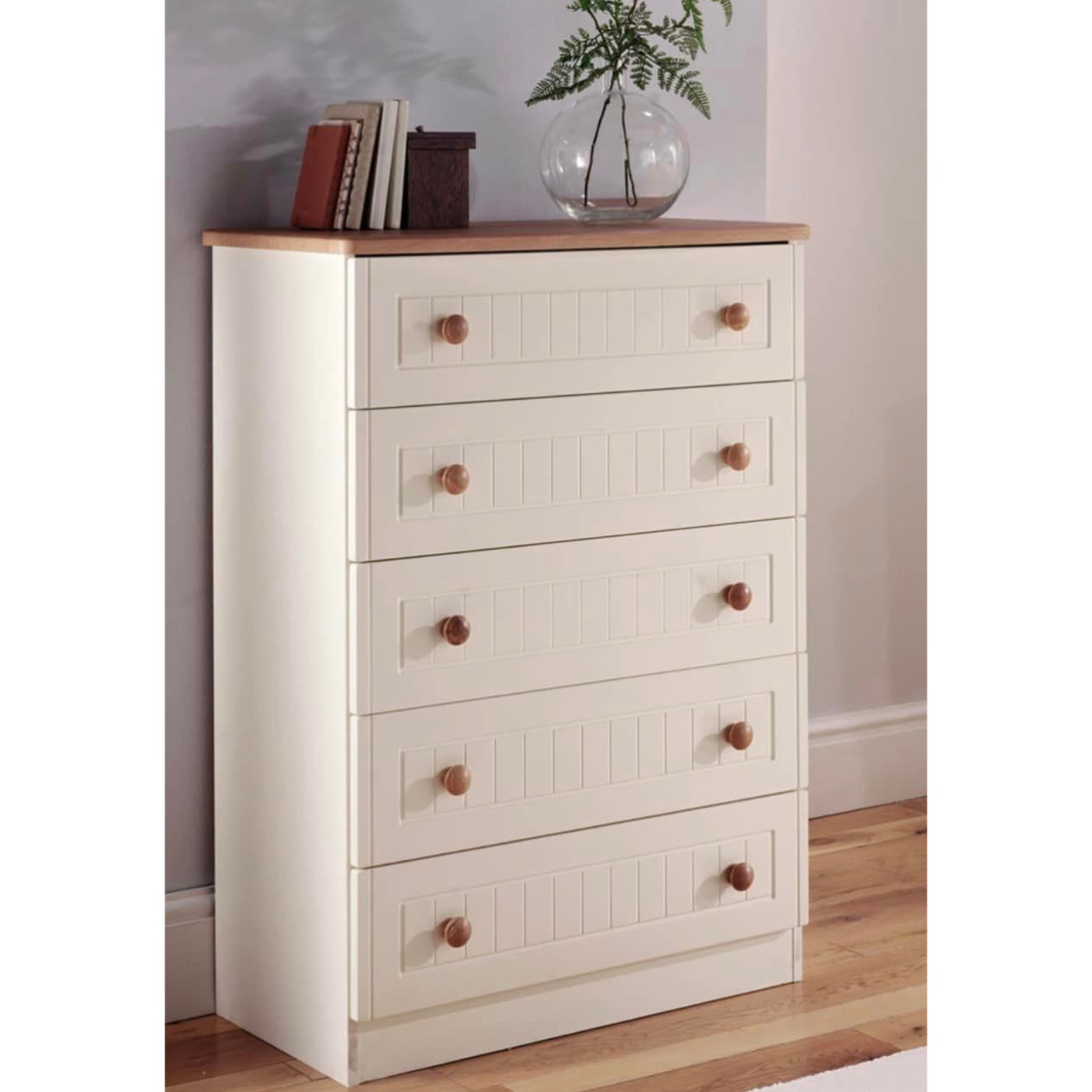 Cream & Oak 5 Drawer Chest